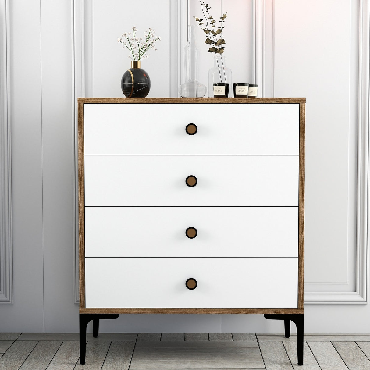 Ladekasten - Ladekast Lizbon Walnoot Wit Melamine 76x90,7x40 cm - 4 lades - Dimehouse
