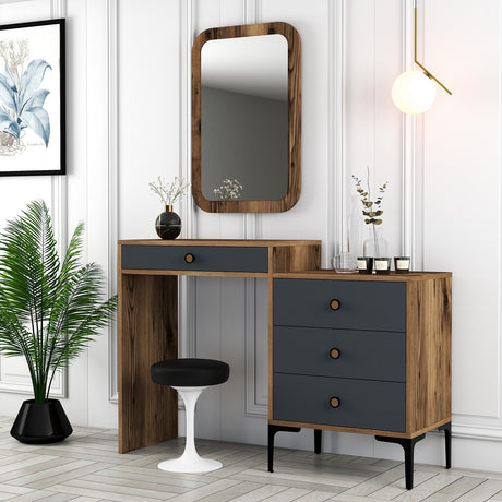 Ladekasten - Ladekast Kaptafel Lizbon Walnoot Antraciet Melamine 124x84,7x40 cm - Dimehouse