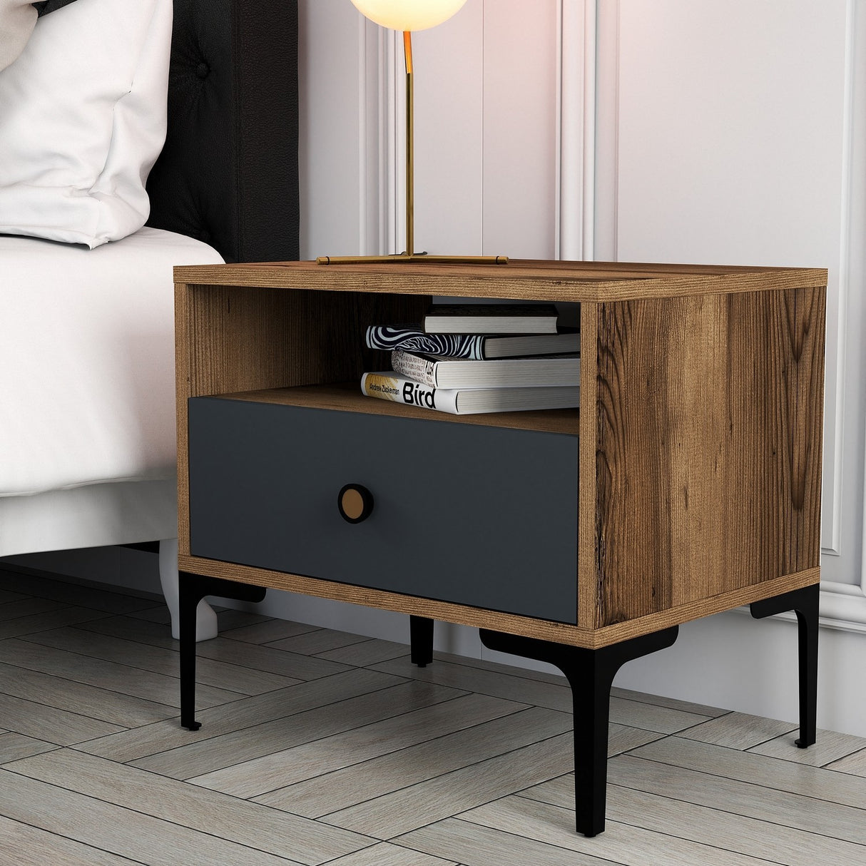 Nachtkastjes - Nachtkastje Lizbon Walnoot Antraciet Melamine 56x50,8x40 cm - Dimehouse