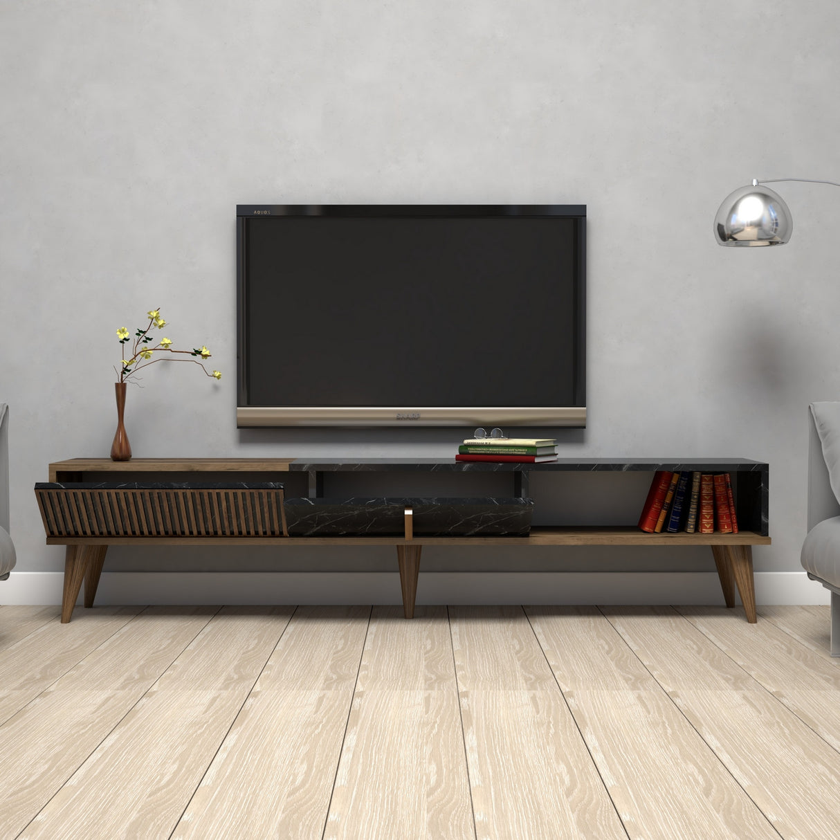 TV Meubels - TV Meubel Milan Walnoot Zwart Melamine 180x40x35 cm - Dimehouse
