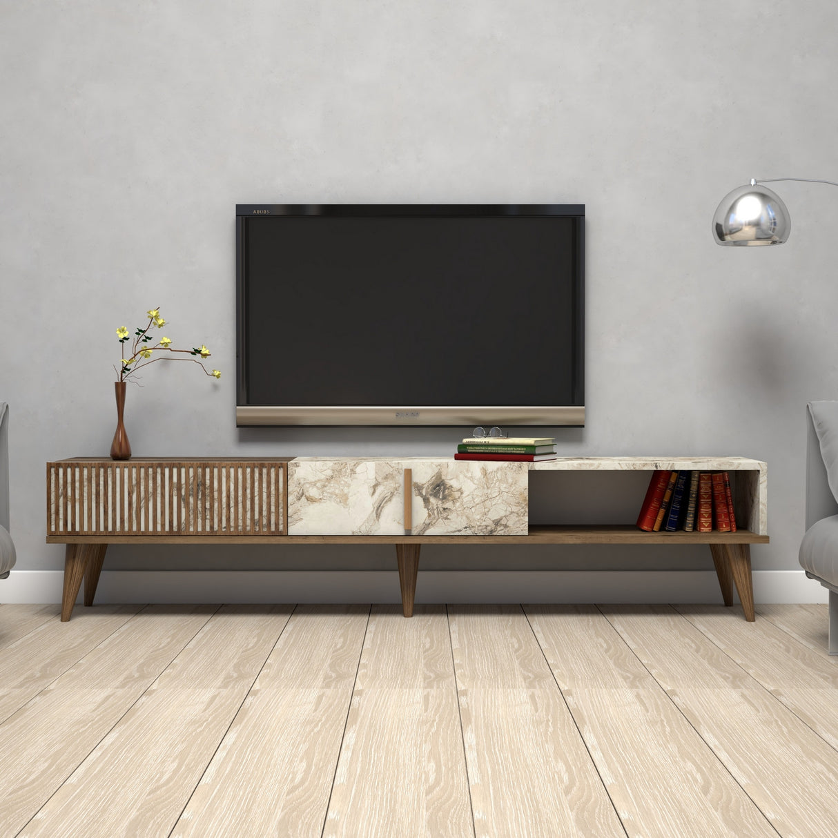 TV Meubels - TV Meubel Milan Walnoot Wit Marmer Melamine 180x40x35 cm - Dimehouse