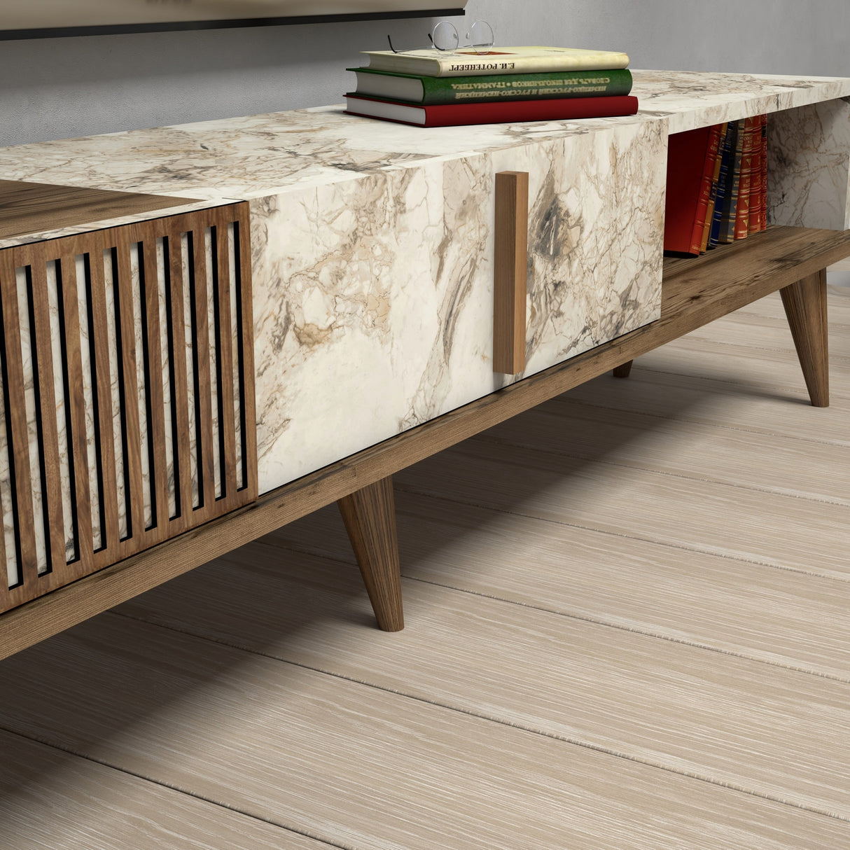 TV Meubels - TV Meubel Milan Walnoot Wit Marmer Melamine 180x40x35 cm - Dimehouse