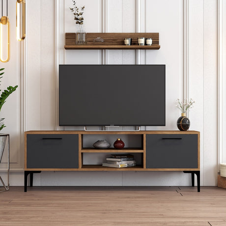 TV Meubels - TV Meubel Set Riga Walnoot Antraciet Melamine 140x48x30 cm - Dimehouse