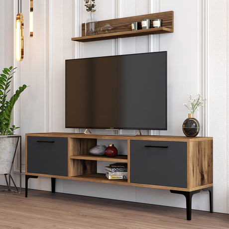 TV Meubels - TV Meubel Set Riga Walnoot Antraciet Melamine 140x48x30 cm - Dimehouse