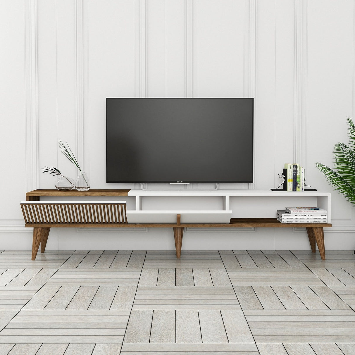 TV Meubels - TV Meubel Milan Alt Walnoot Wit Melamine 180x40x35 cm - Dimehouse