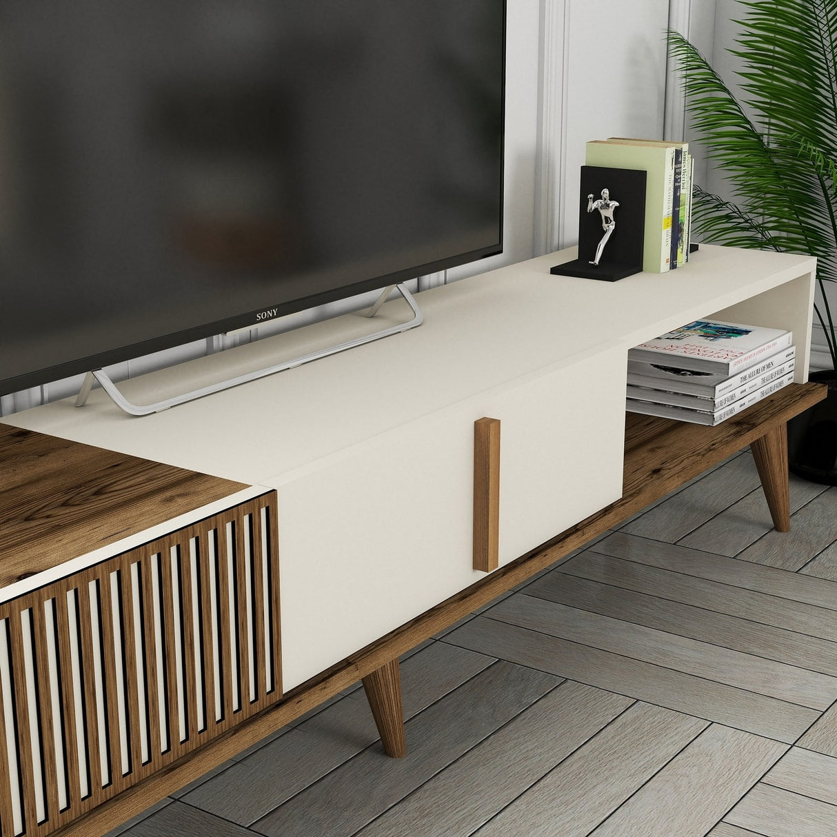 TV Meubels - TV Meubel Milan Alt Walnoot Crème Melamine 180x40x35 cm - Dimehouse