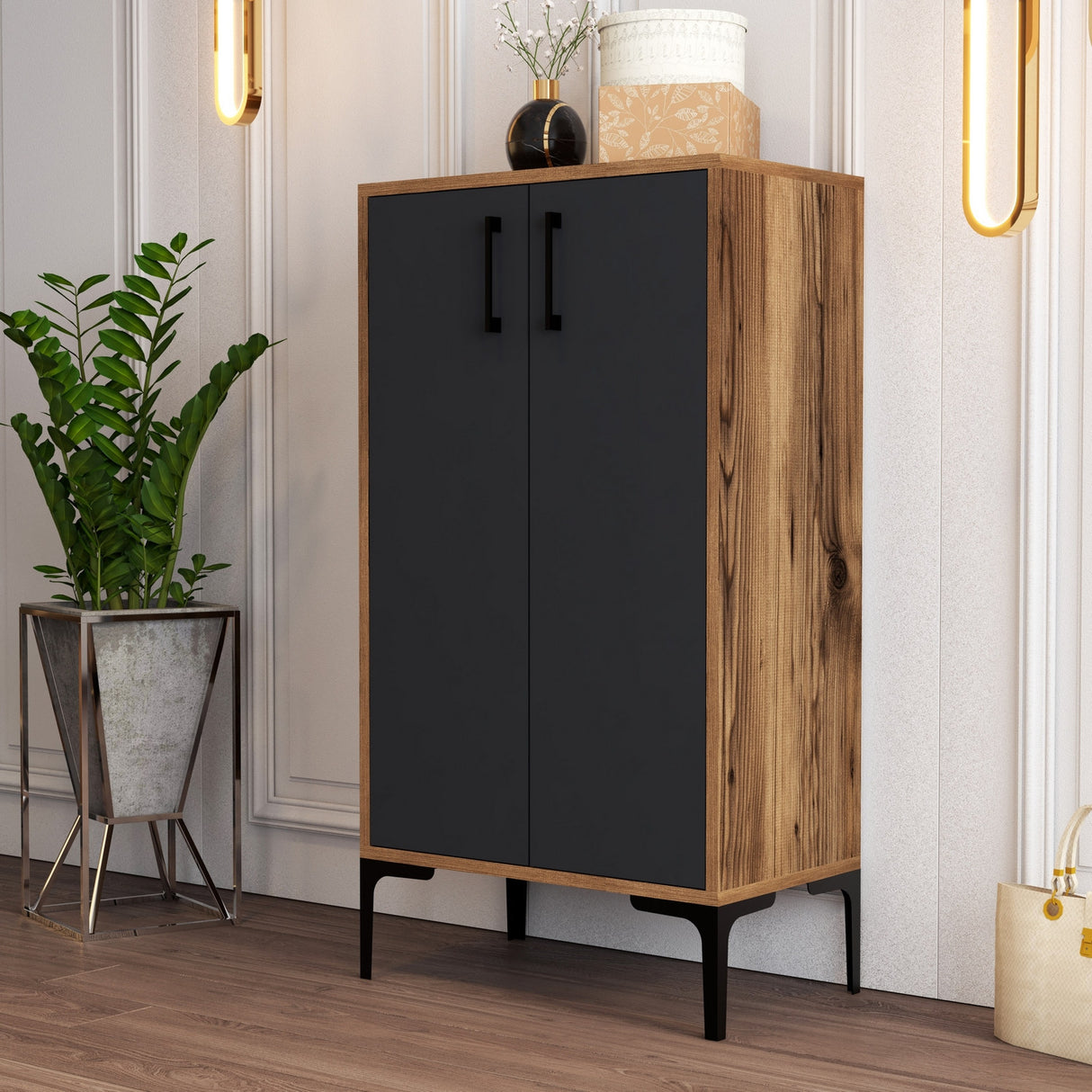 Schoenenkasten - Schoenenkast Prag Walnoot Antraciet Melamine 60x111x35 cm - Dimehouse
