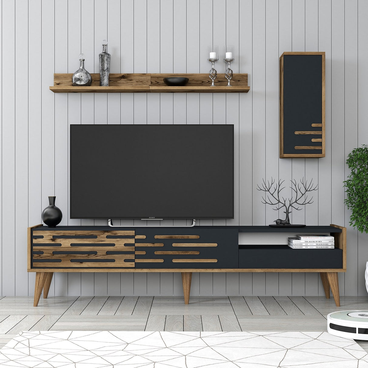 TV Meubels - TV Meubel Set Valensiya Walnoot Antraciet Melamine 180x35x45 cm - Dimehouse