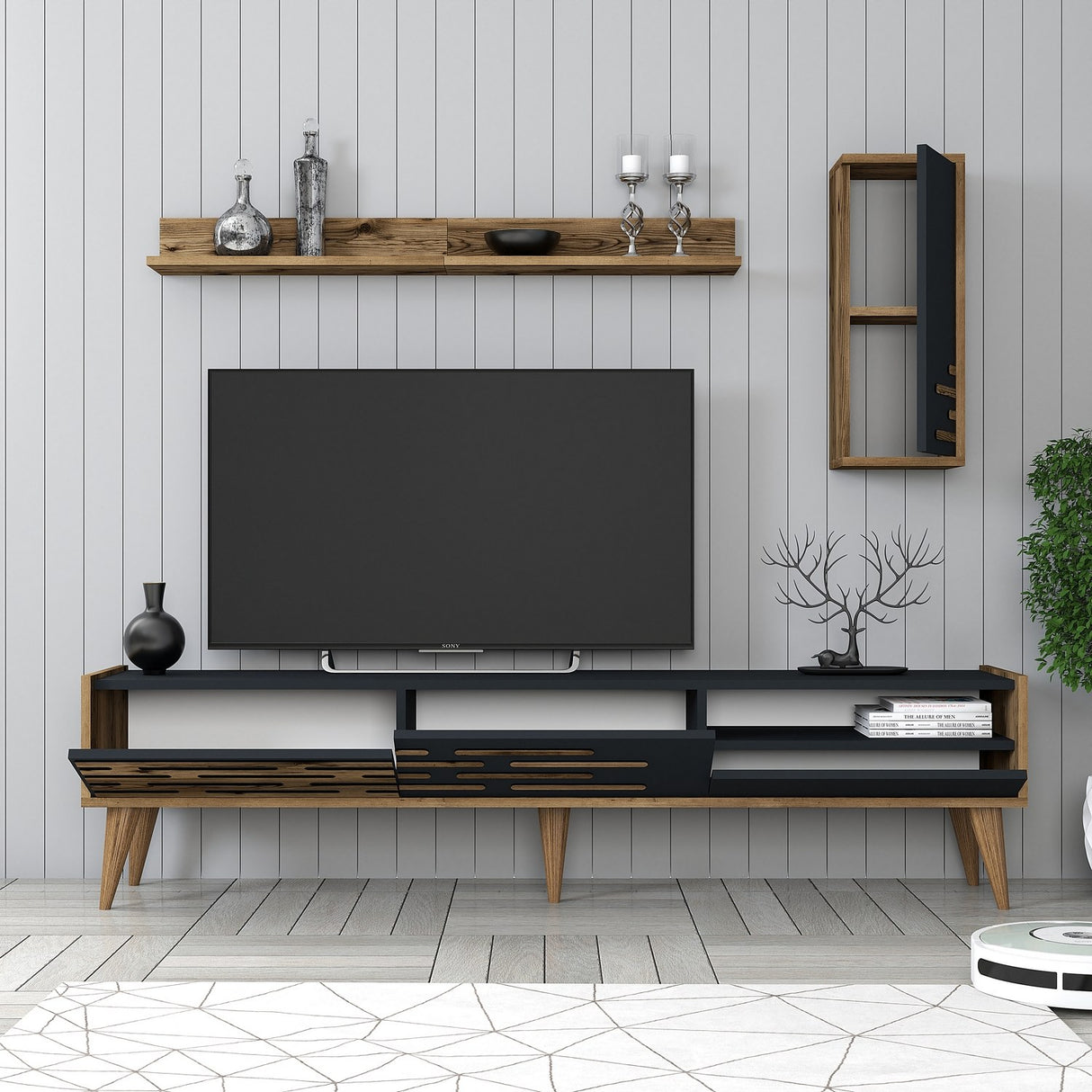 TV Meubels - TV Meubel Set Valensiya Walnoot Antraciet Melamine 180x35x45 cm - Dimehouse