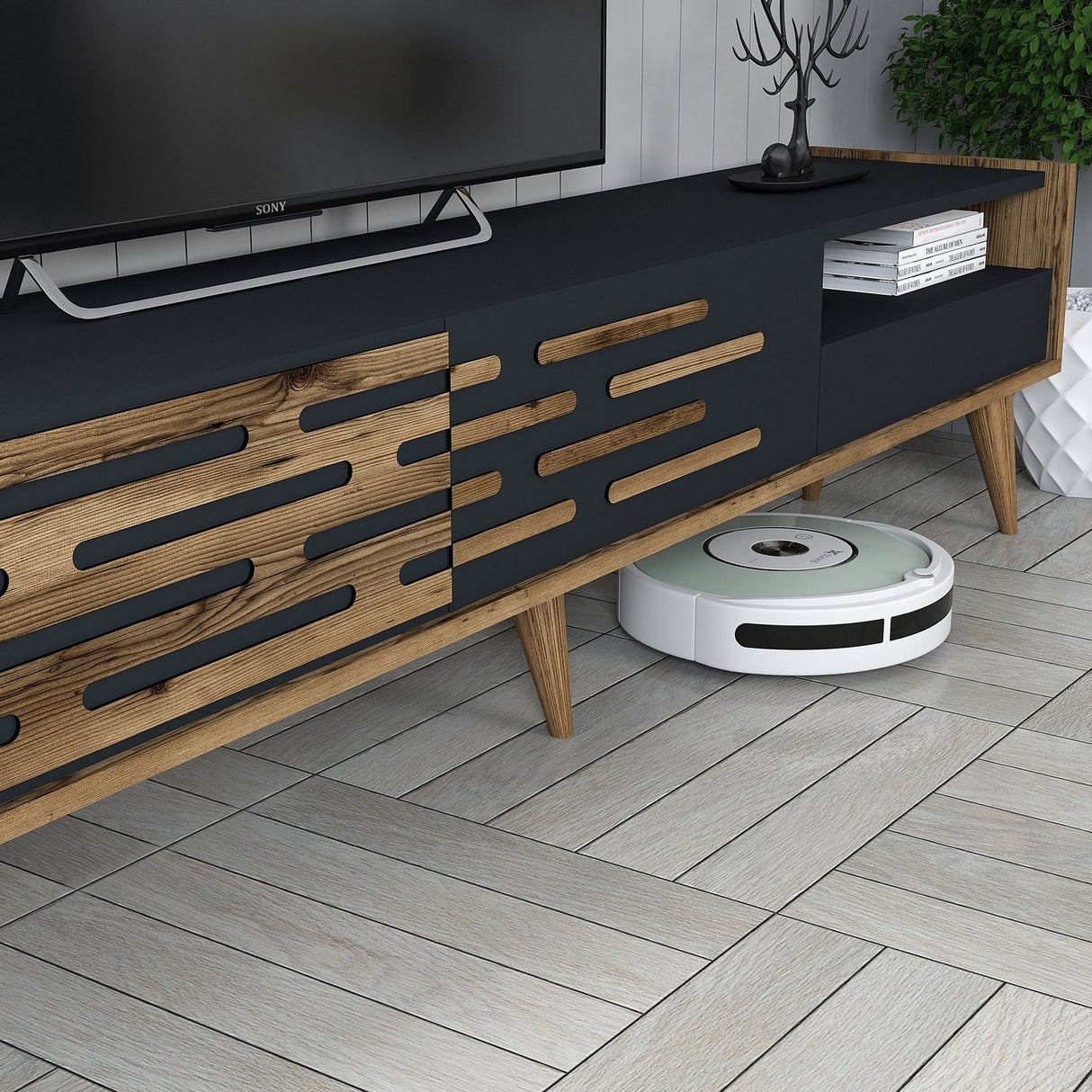 TV Meubels - TV Meubel Set Valensiya Walnoot Antraciet Melamine 180x35x45 cm - Dimehouse