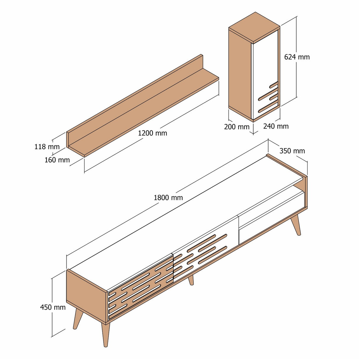 TV Meubels - TV Meubel Set Valensiya Walnoot Wit Melamine 180x35x45 cm - Dimehouse
