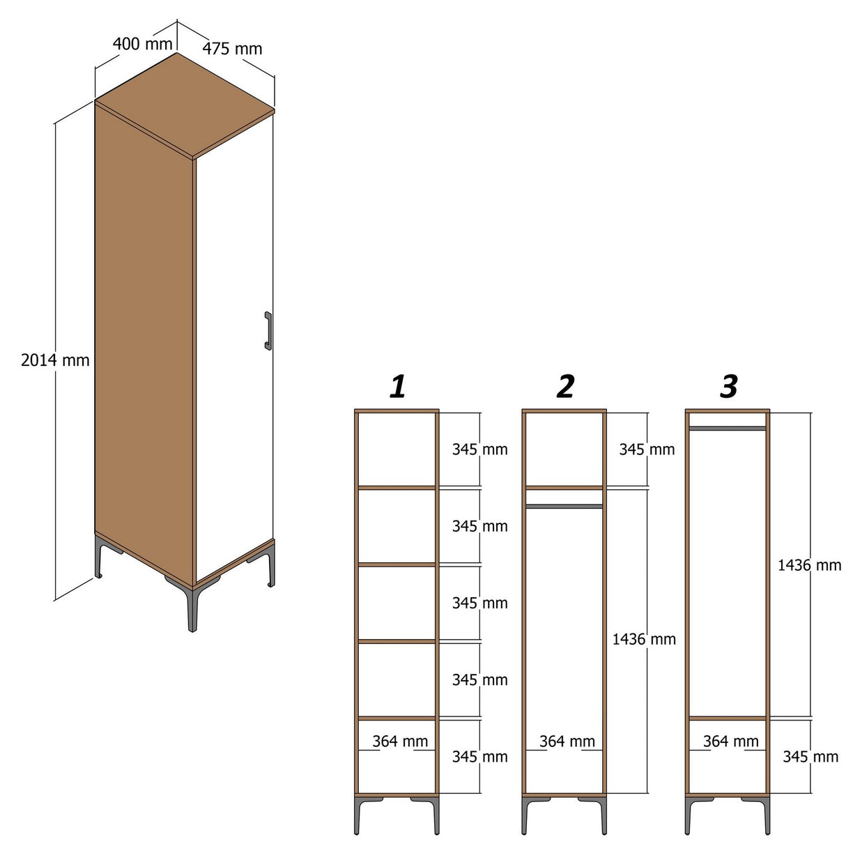 Garderobe Kumual R Valnød Antracit Melamin 40x47,5x201,4 cm