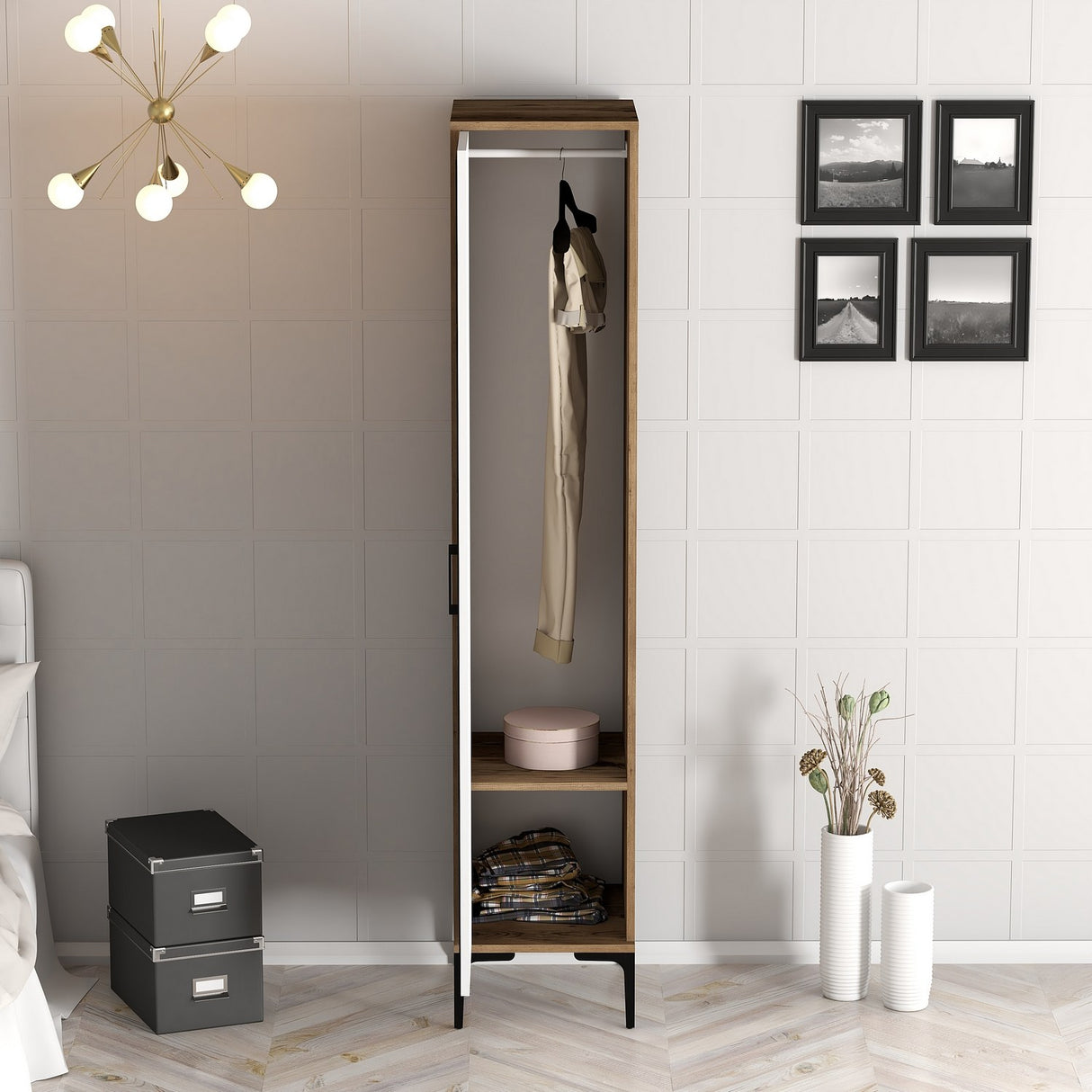 Kledingkasten - Kledingkast Kumual S Walnoot Wit Melamine 40x47,5x201,4 cm - Dimehouse