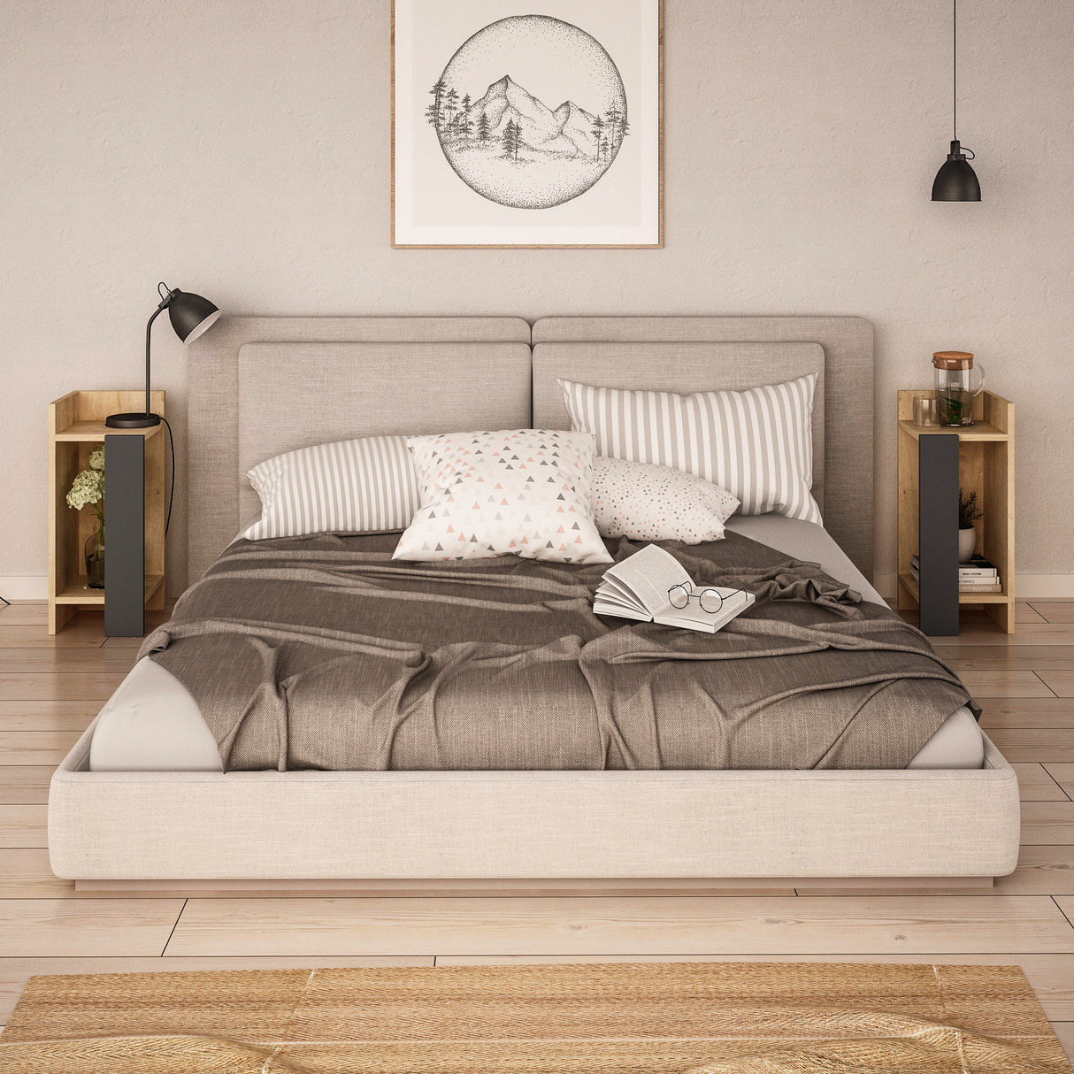 Sengebord Sæt med 2 stk Elos Eg Antracit Melamin 25x60x27 cm