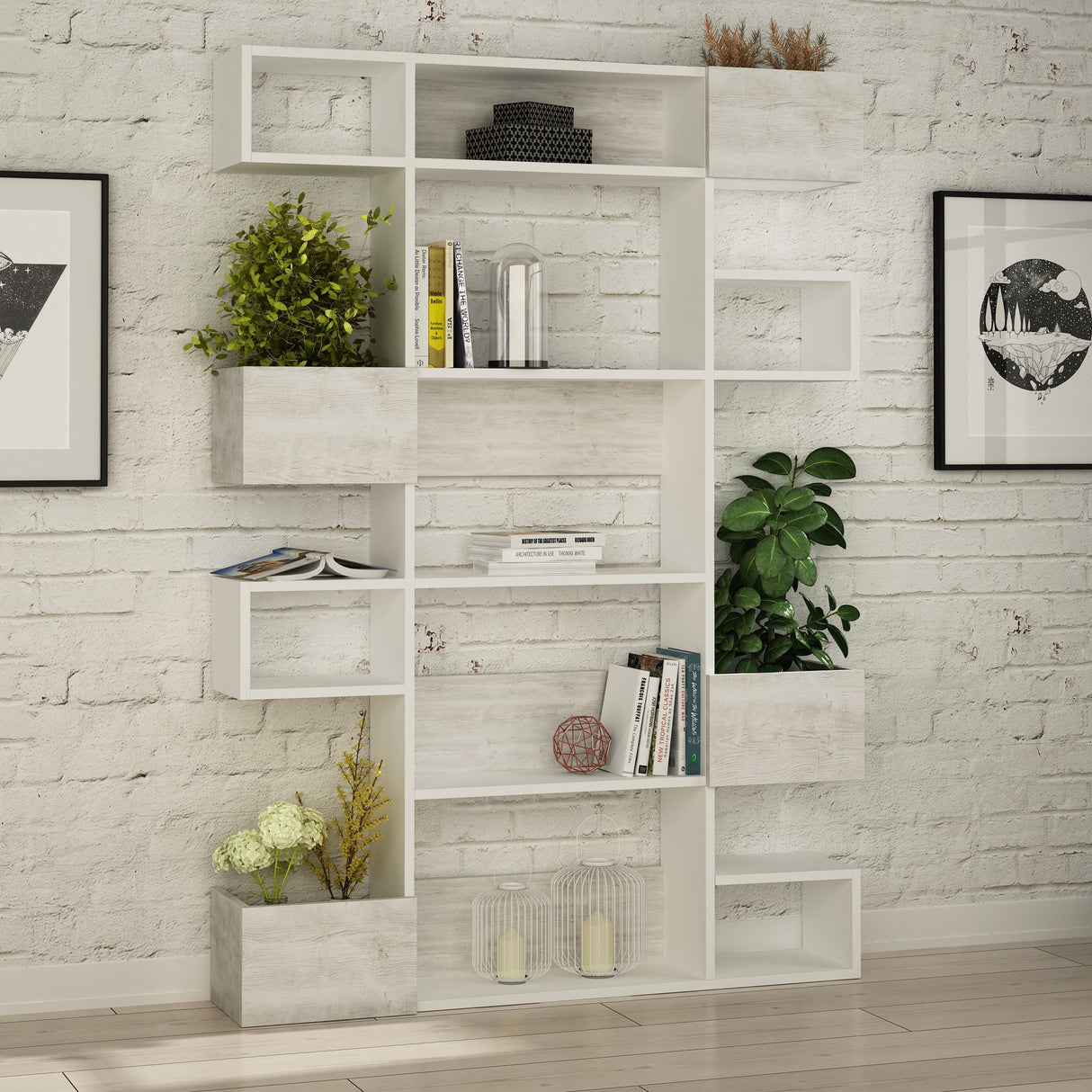 Boekenkasten - Moderne boekenkast met asymmetrische vakken wit melamine Niho 120x171x20 cm - Dimehouse