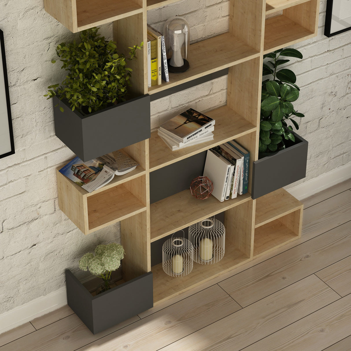 Boekenkasten - Moderne boekenkast met asymmetrische vakken eiken antraciet melamine Niho 120x171x20 cm - Dimehouse