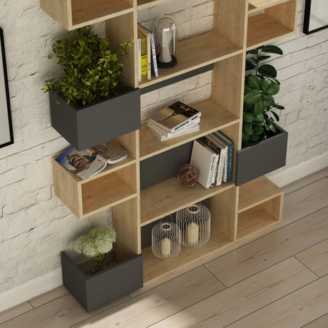 Boekenkasten - Moderne boekenkast met asymmetrische vakken eiken antraciet melamine Niho 120x171x20 cm - Dimehouse