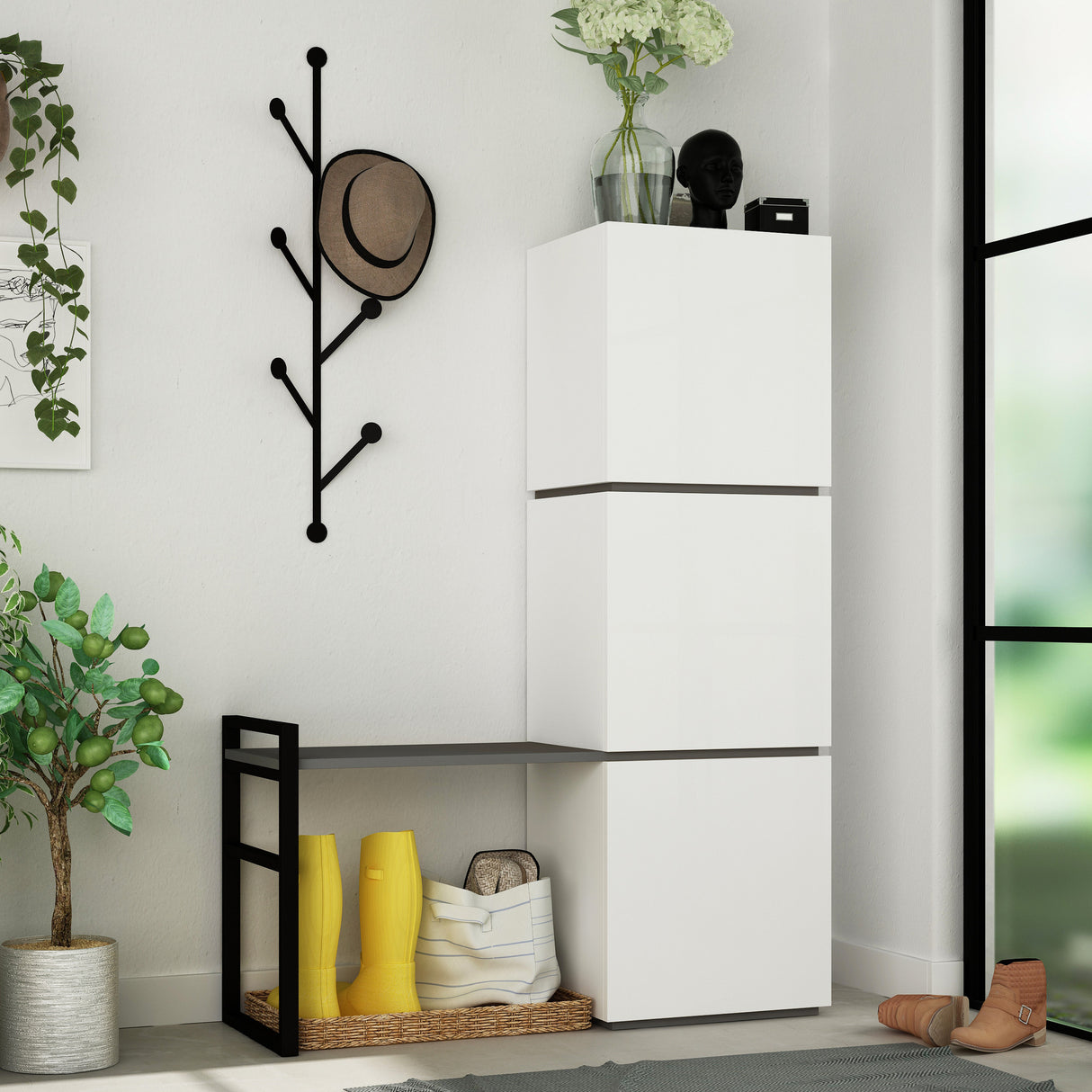 Schoenenkasten - Schoenenkast Mello Wit Antraciet Melamine 109x149x39 cm - Dimehouse