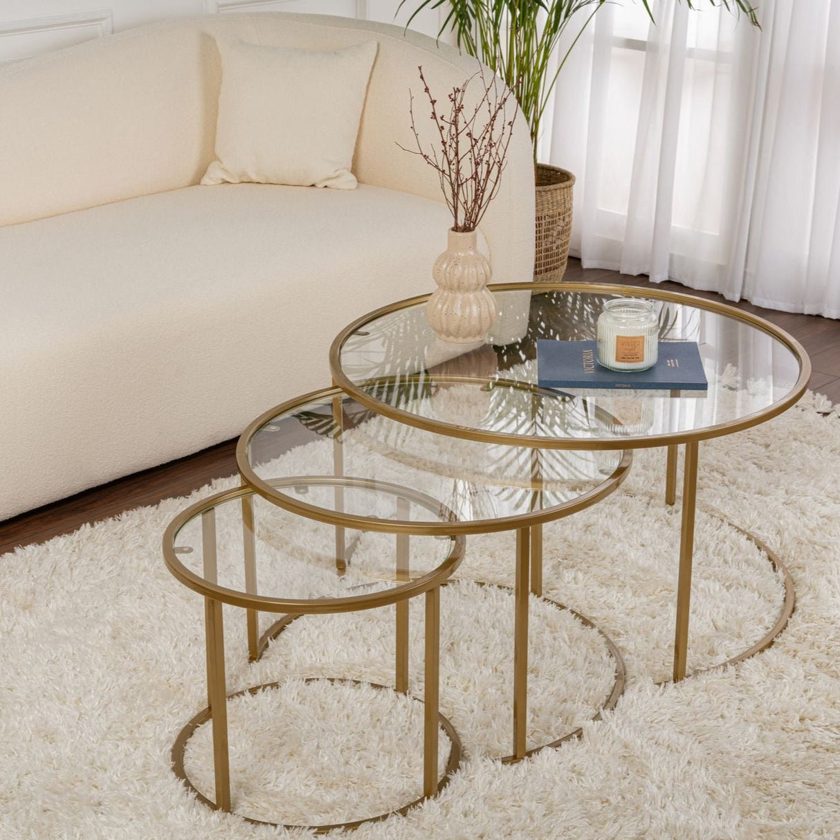 Moderne Rundt Sofabord Sæt af 3 Uru Guld - Transparent Glas - 80/60/42 cm 