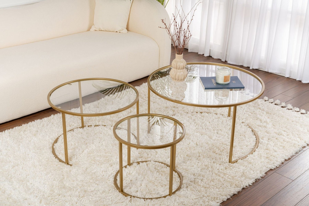 Moderne Rundt Sofabord Sæt af 3 Uru Guld - Transparent Glas - 80/60/42 cm 
