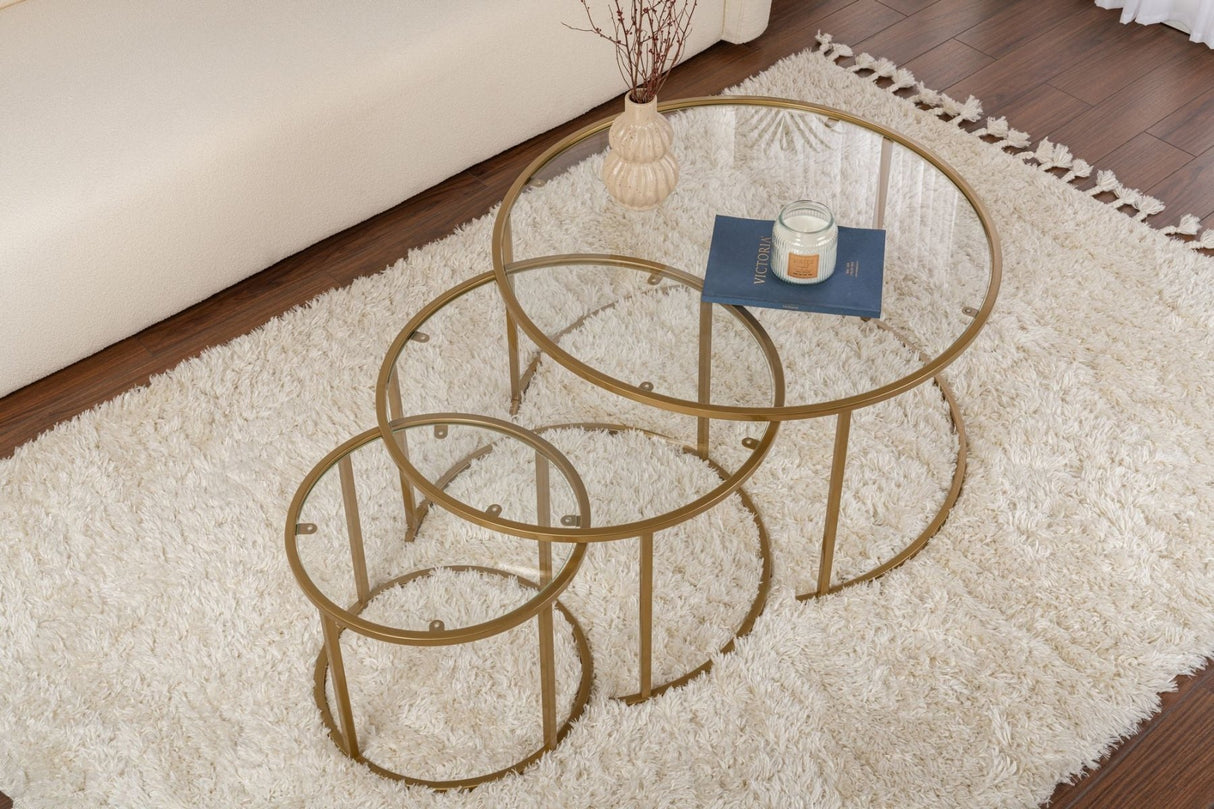 Moderne Rundt Sofabord Sæt af 3 Uru Guld - Transparent Glas - 80/60/42 cm 