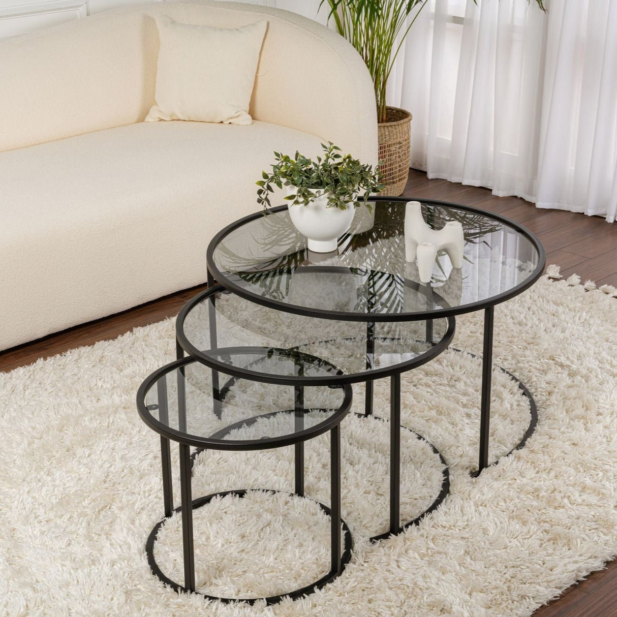 Moderne Sofabord Sæt med 3 Uru Sort - Gråt Glas - 80/60/42 cm 