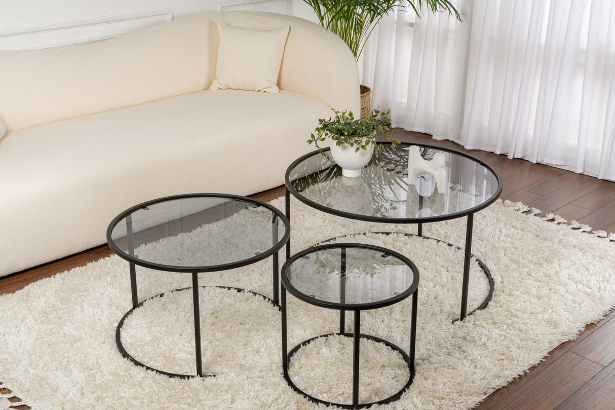 Moderne Sofabord Sæt med 3 Uru Sort - Gråt Glas - 80/60/42 cm 