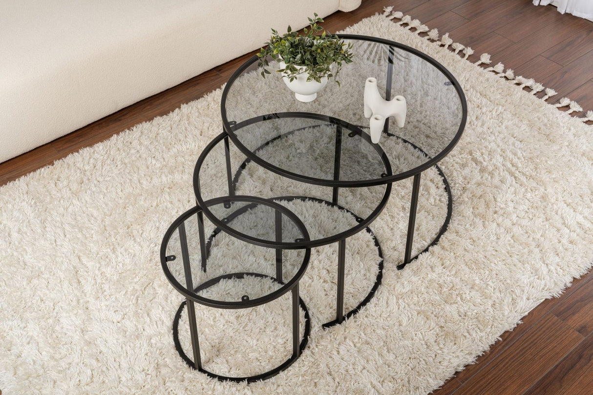 Moderne Sofabord Sæt med 3 Uru Sort - Gråt Glas - 80/60/42 cm 