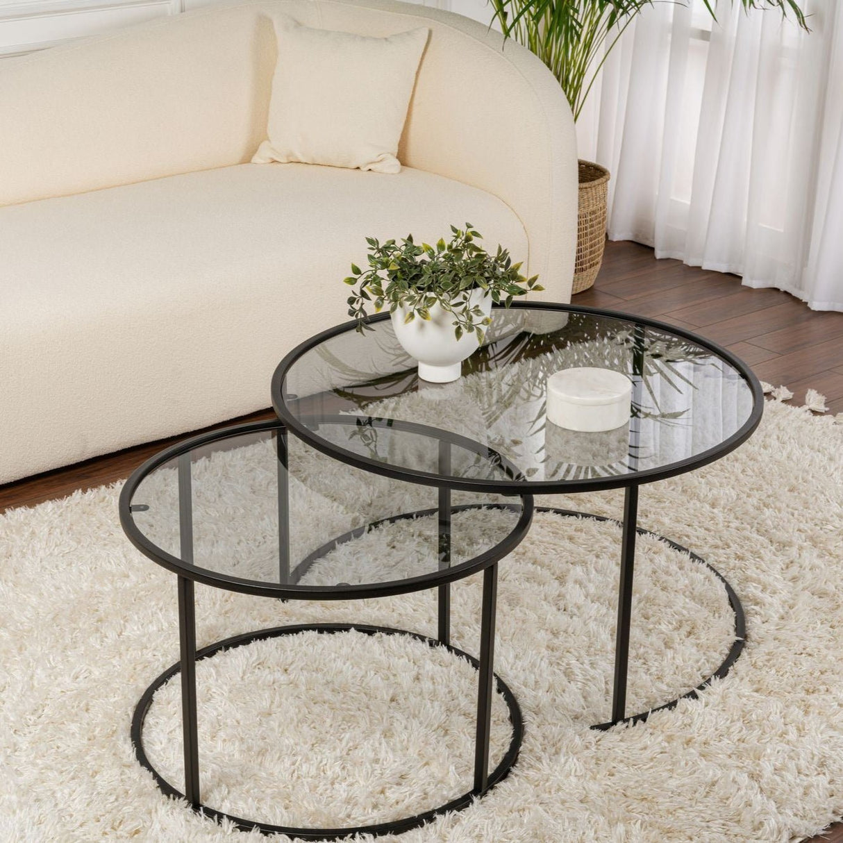 Moderne Rundt Sofabord Sæt af 2 Uru Sort - Gråt Glas - 80/60 cm 