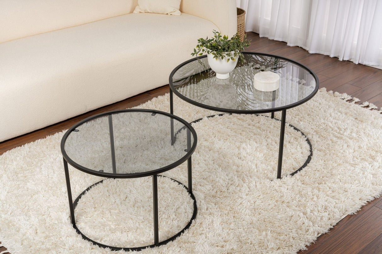 Moderne Rundt Sofabord Sæt af 2 Uru Sort - Gråt Glas - 80/60 cm 