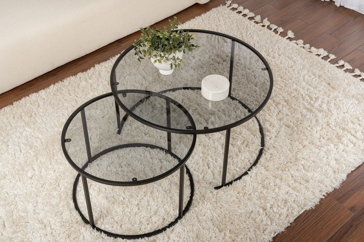 Moderne Rundt Sofabord Sæt af 2 Uru Sort - Gråt Glas - 80/60 cm 