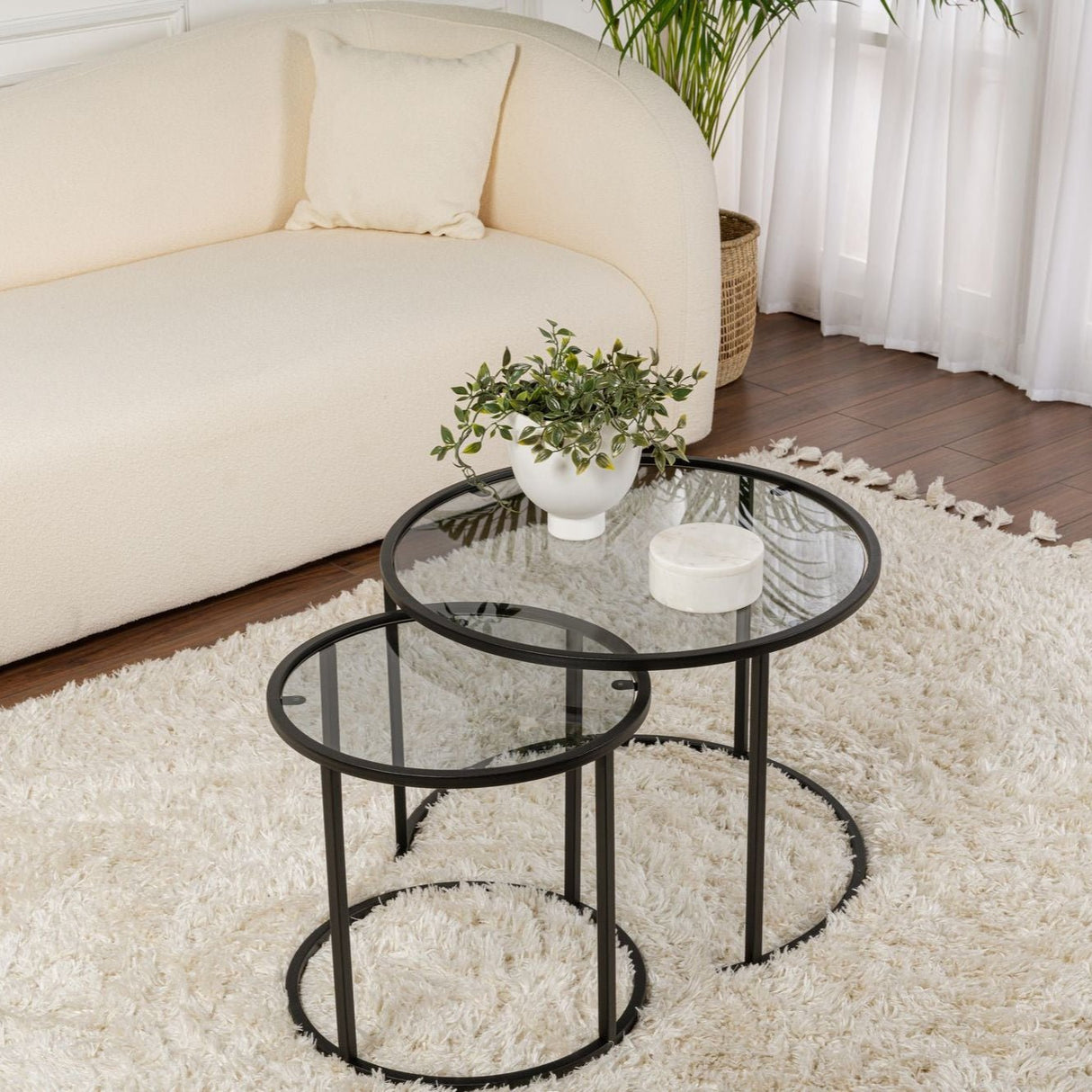 Moderne Ronde Salontafel Set van 2 Uru Zwart - Grijs Glas - 60/42 cm