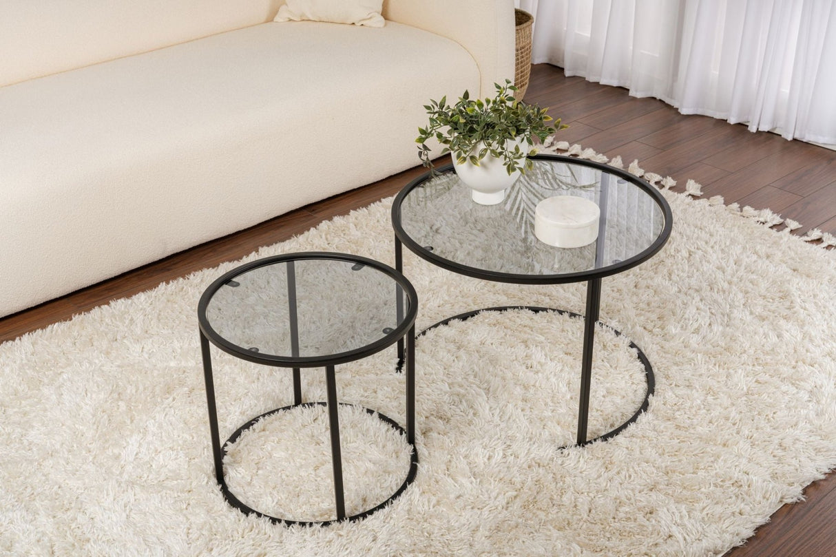 Moderne Ronde Salontafel Set van 2 Uru Zwart - Grijs Glas - 60/42 cm