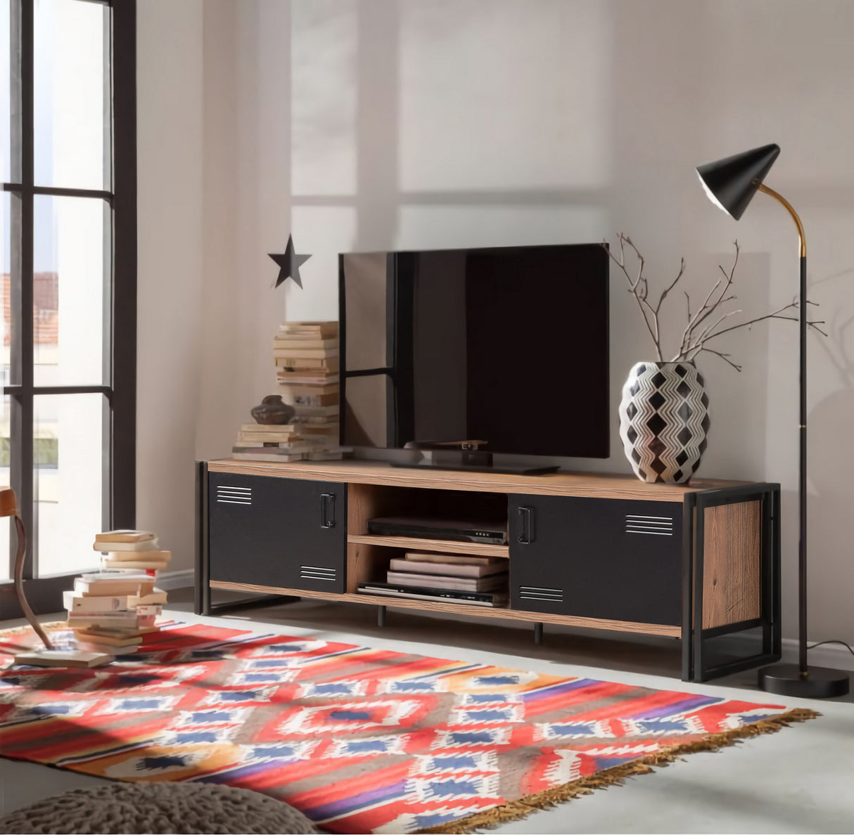 TV Meubels - TV Meubel Cosmo Atlantisch Dennenhout Zwart Melamine 180x50x45 cm - Dimehouse