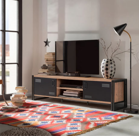 TV Meubels - TV Meubel Cosmo Atlantisch Dennenhout Zwart Melamine 180x50x45 cm - Dimehouse