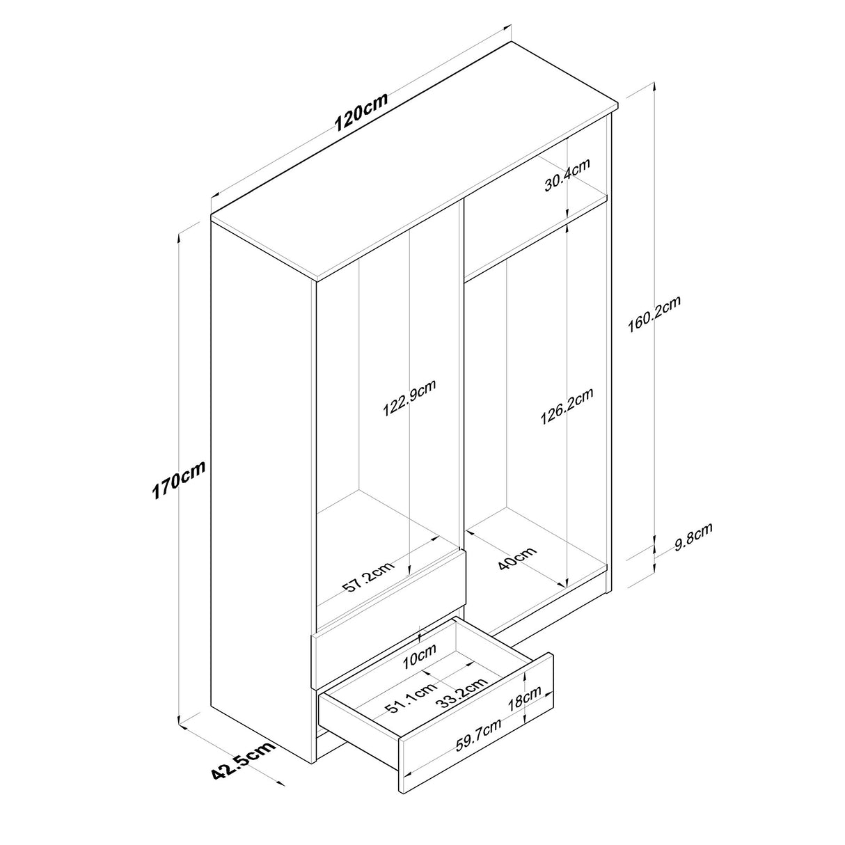 Kledingkasten - Kledingkast Walnoot Wit Melamine - Hang en leg - 120x170x42,5 cm - Aspen - Dimehouse