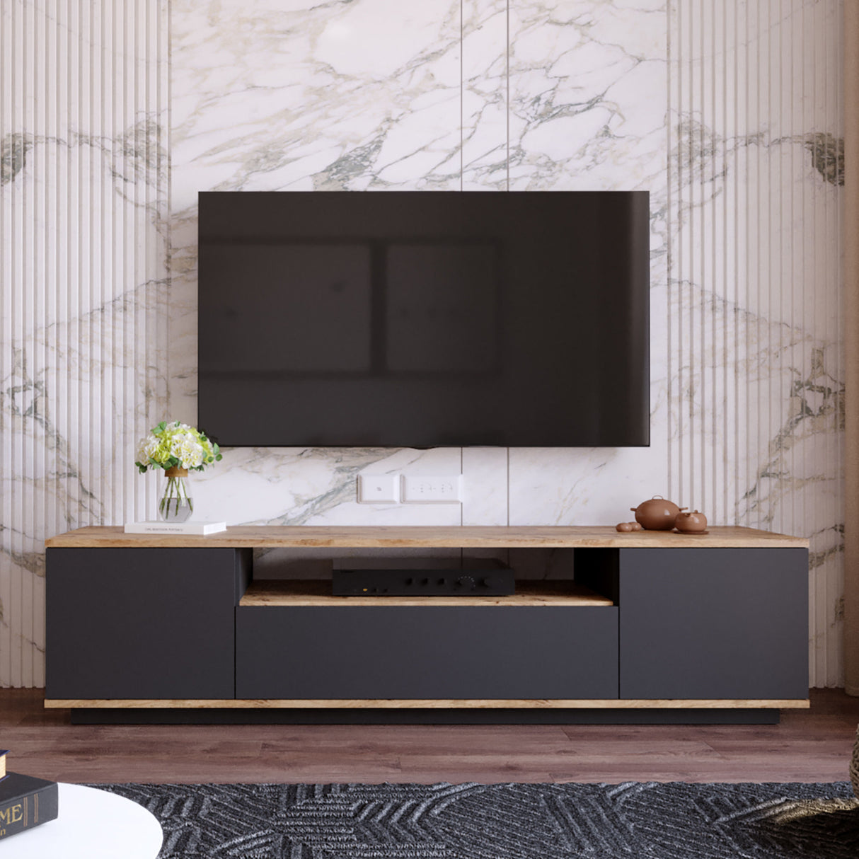 TV Meubels - TV Meubel Vesper Atlantisch Dennenhout Antraciet Melamine 180x44,6x44,5 cm - Dimehouse