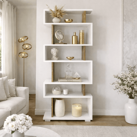 Design vakkenkast wit met walnoot melamine Blok 60x165x19,5 cm