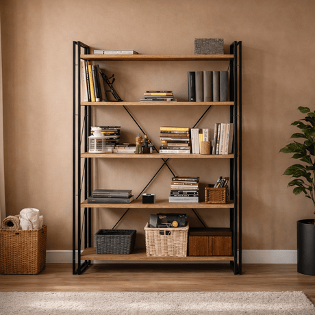Industriële boekenkast dennenhout melamine zwart metaal Cosmo 130x180x35 cm
