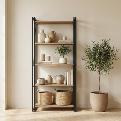 Industriële boekenkast dennenhout melamine zwart metaal Cosmo 60x180x35 cm