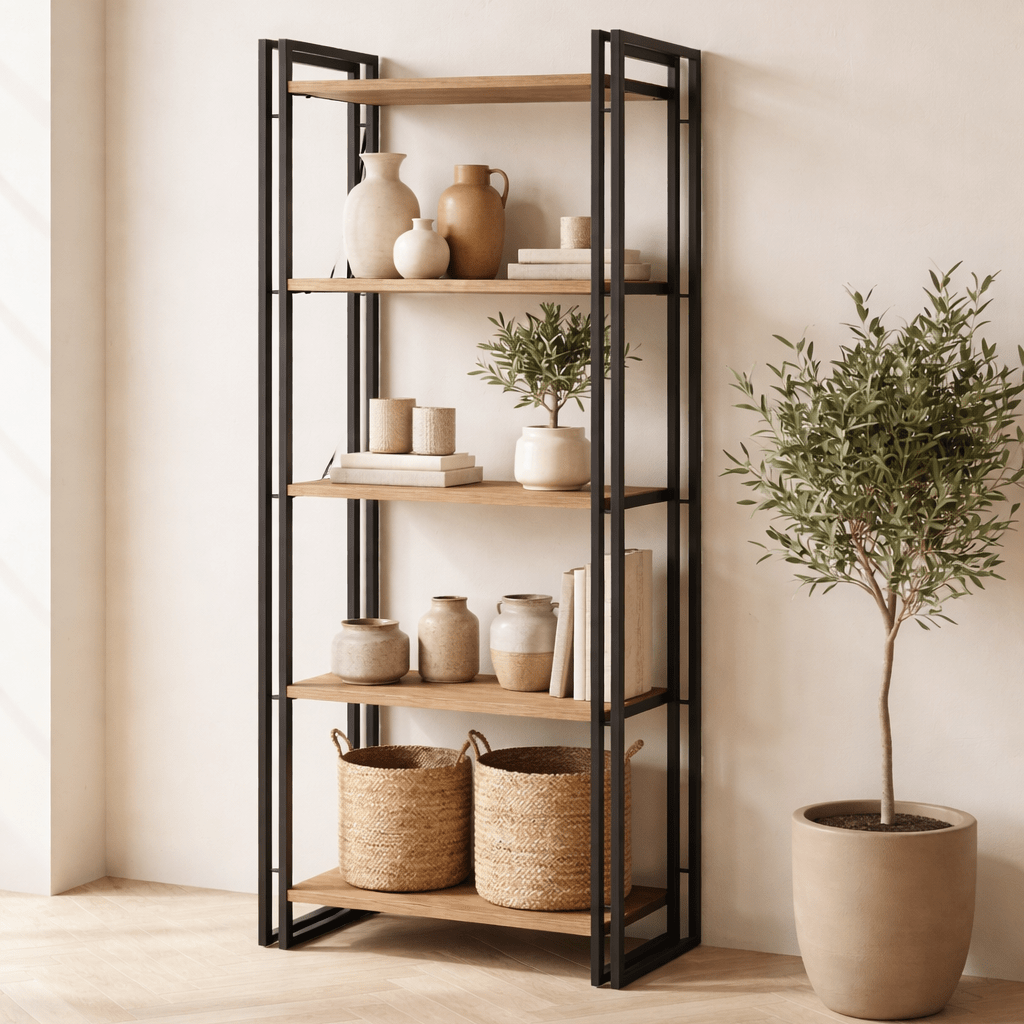 Industriel reol fyrretræ melamin sort metal Cosmo 60x180x35 cm