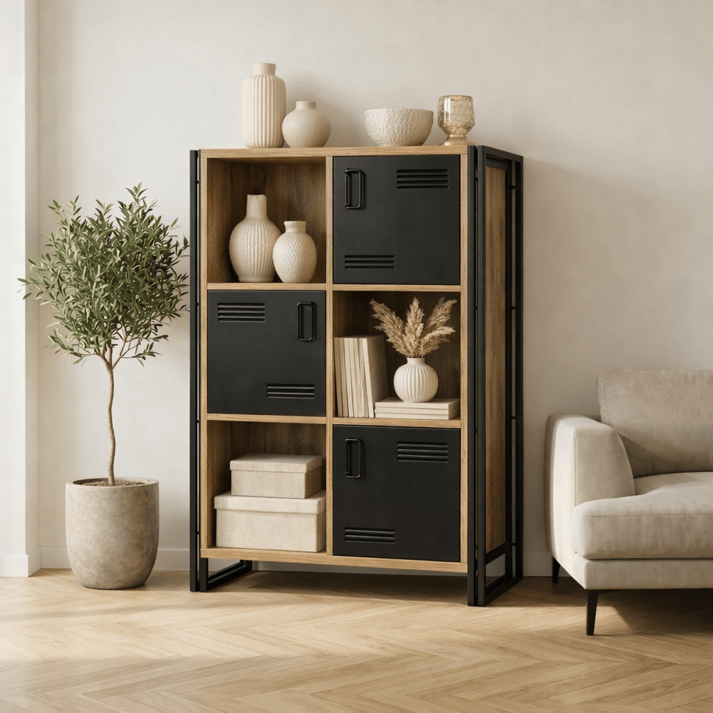 Industriskab fyrretræ melamin sort metal Cosmo 89x127x35 cm