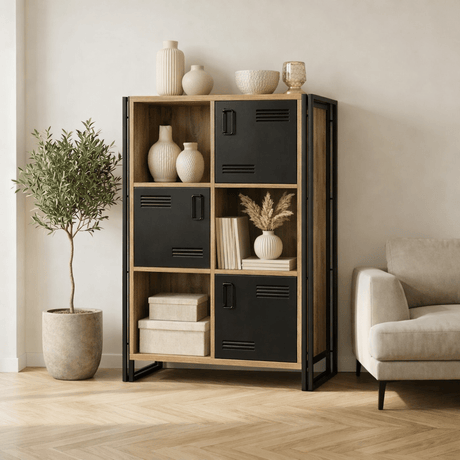 Industriële kast dennenhout melamine zwart metaal Cosmo 89x127x35 cm