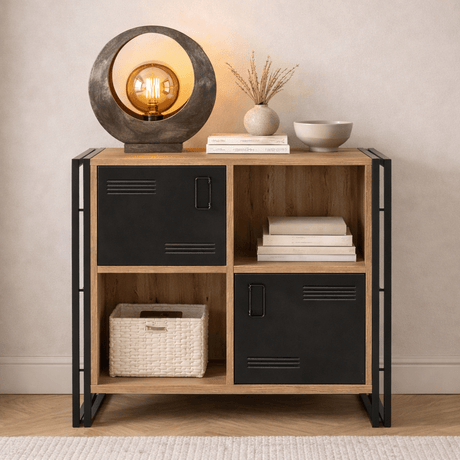 Industrieel dressoir dennenhout melamine zwart metaal Cosmo 89x89x35 cm