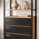 Boekenkasten - Industriële boekenkast met lades dennenhout melamine zwart metaal Cosmo 90x180x35 cm - Dimehouse