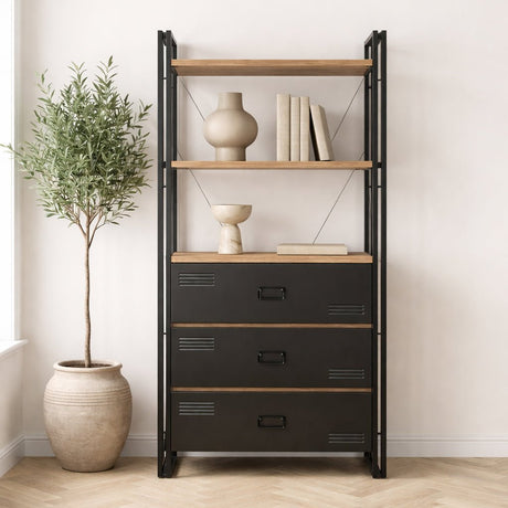 Industriële boekenkast met lades dennenhout melamine zwart metaal Cosmo 90x180x35 cm