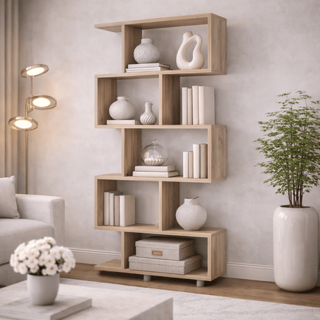 Boekenkasten - S - vormige boekenkast eiken melamine Elif 90x156x20 cm - Dimehouse
