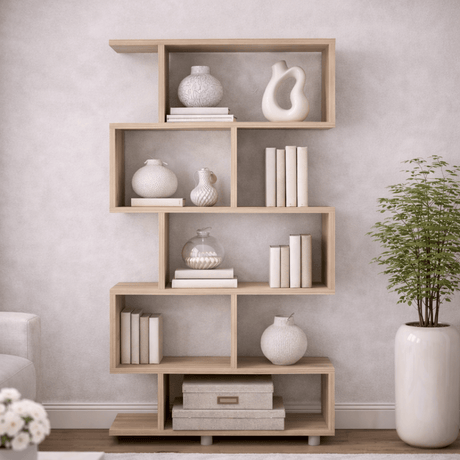 Boekenkasten - S - vormige boekenkast eiken melamine Elif 90x156x20 cm - Dimehouse