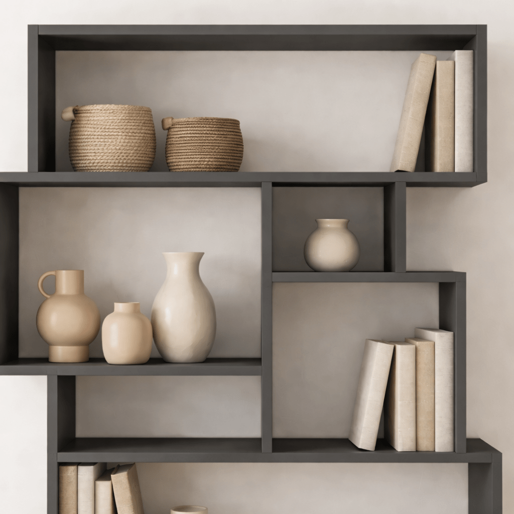 Boekenkasten - Asymmetrische boekenkast antraciet melamine Karmato 96x168,5x25,5 cm - Dimehouse