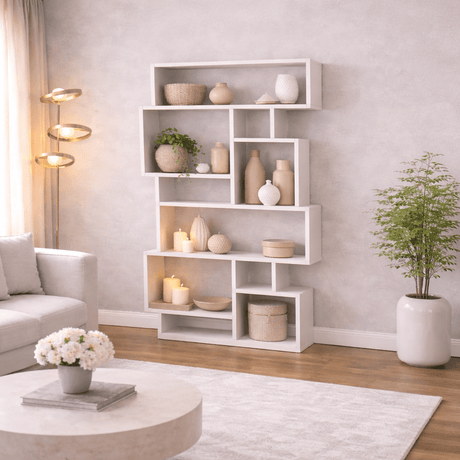 Boekenkasten - Asymmetrische boekenkast wit melamine Karmato 96x168,5x25,5 cm - Dimehouse